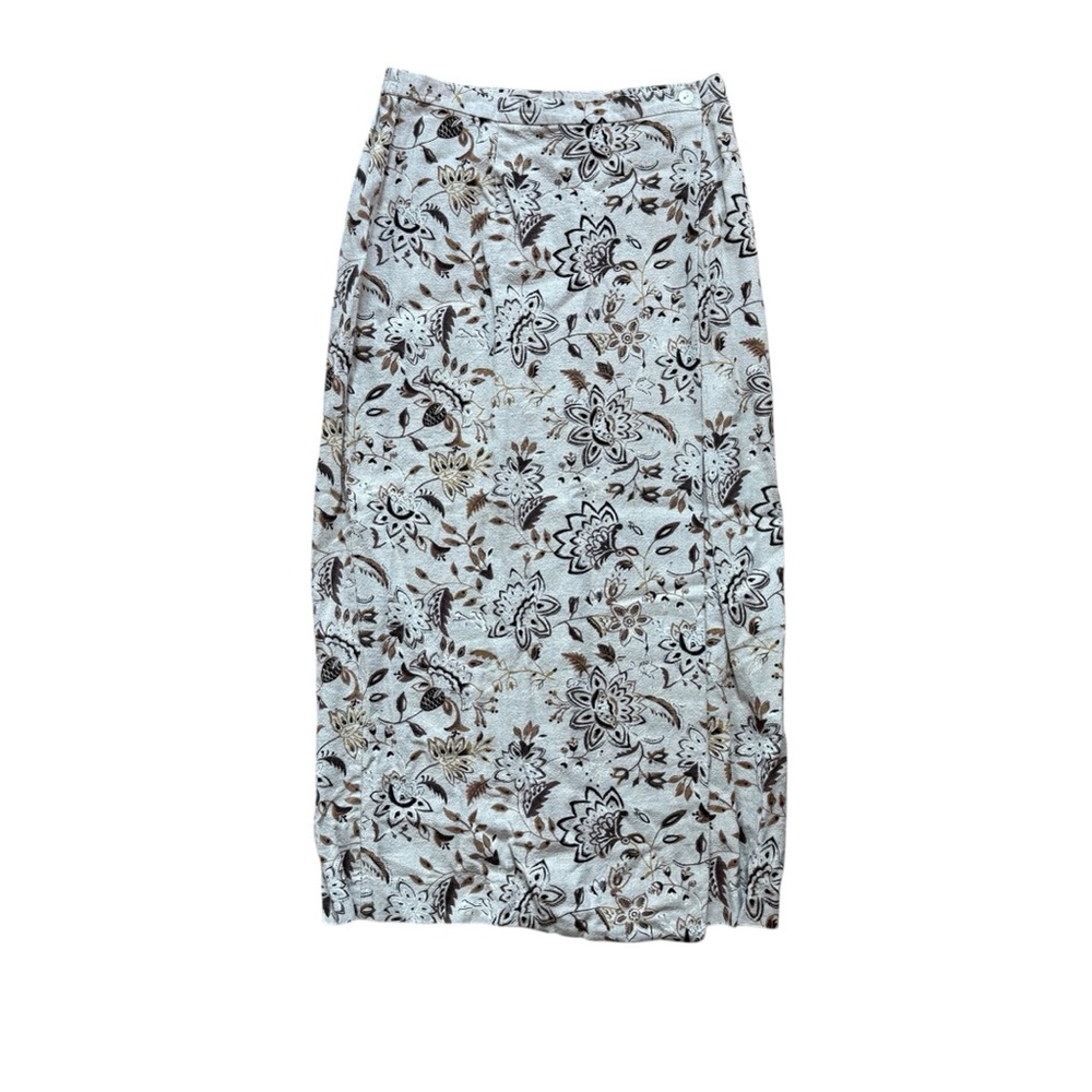 Vintage 90s Requirements Brown and Cream Floral Linen Midi Skirt Size‎ Small